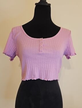 bp Lavender Ribbed Cropped Button-Front Tee